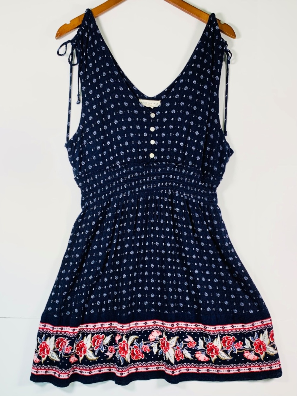 Aeropostale Sleeveless V-Neck Mini Sun Dress Navy Blue Polka Dots Red Floral